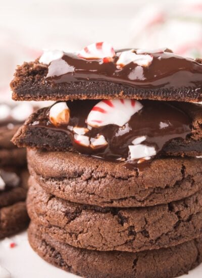 Chocolate Peppermint Cookies stacked.