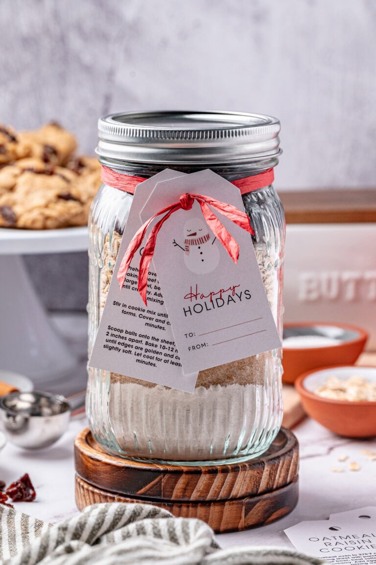 Dry Ingredients in jar with gift tags.