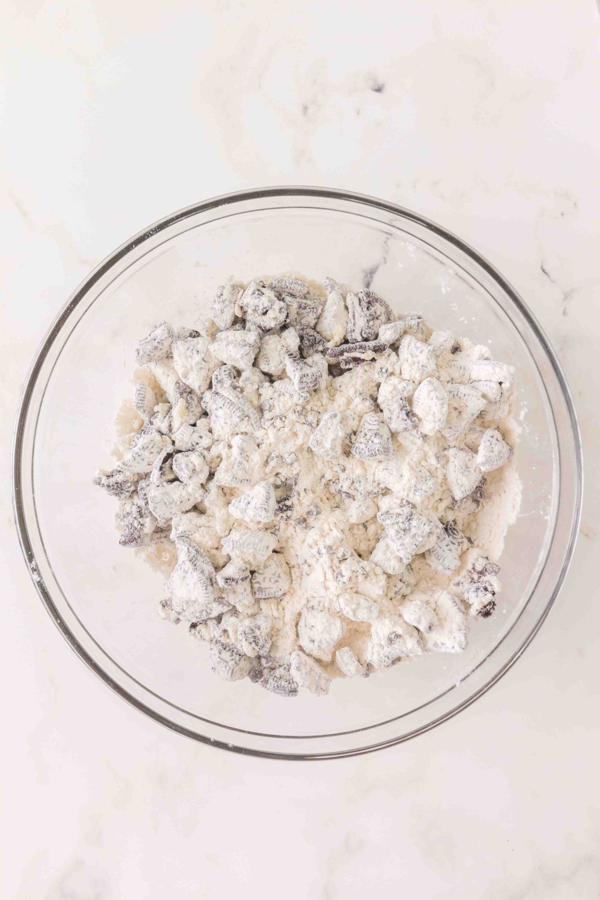 1/2 the flour and broken cookies. 