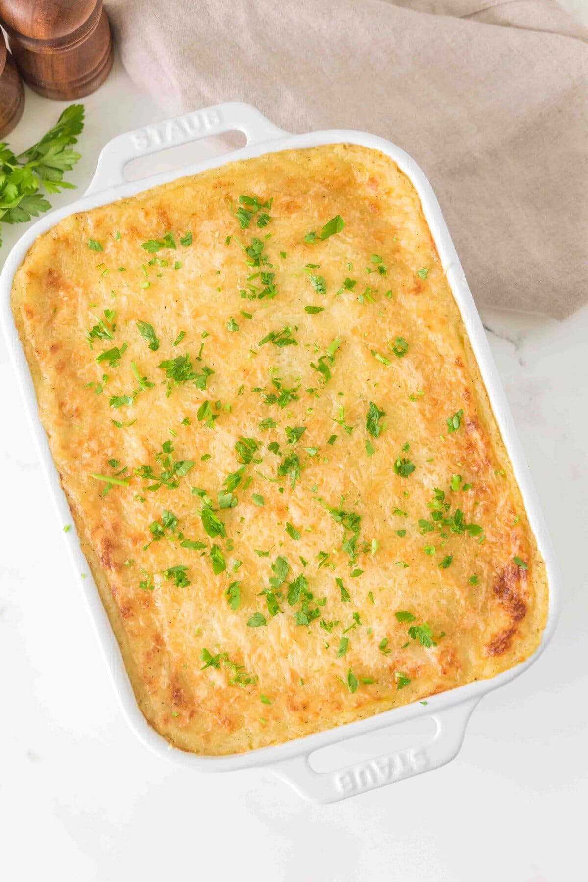 Finished casserole from overhead. 