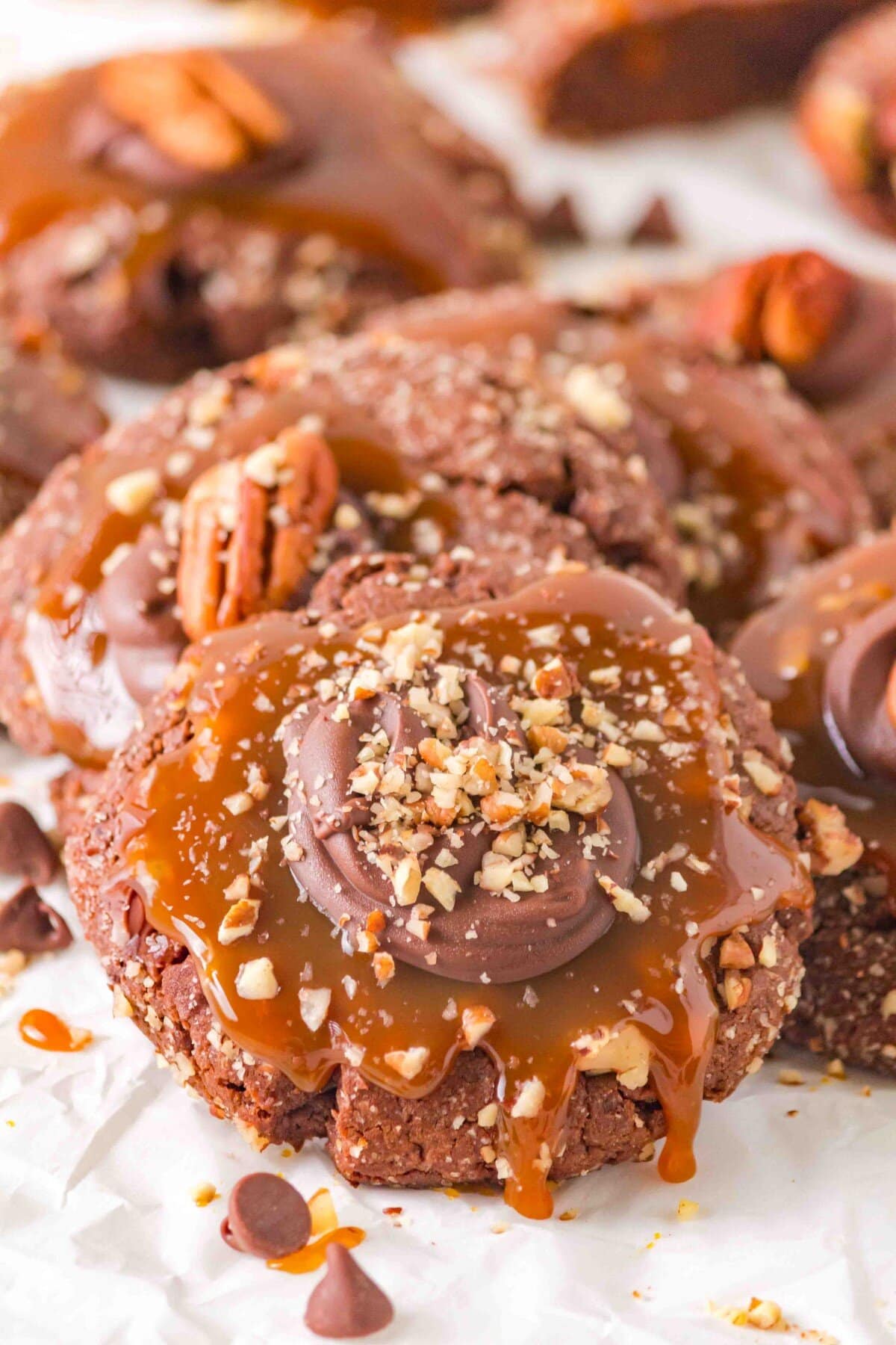 Close-up of Turtle Cookies stacked up.