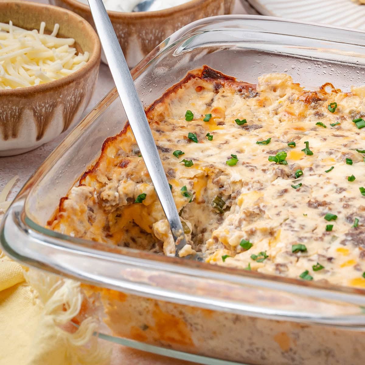 Casserole with a spoonful taken out.