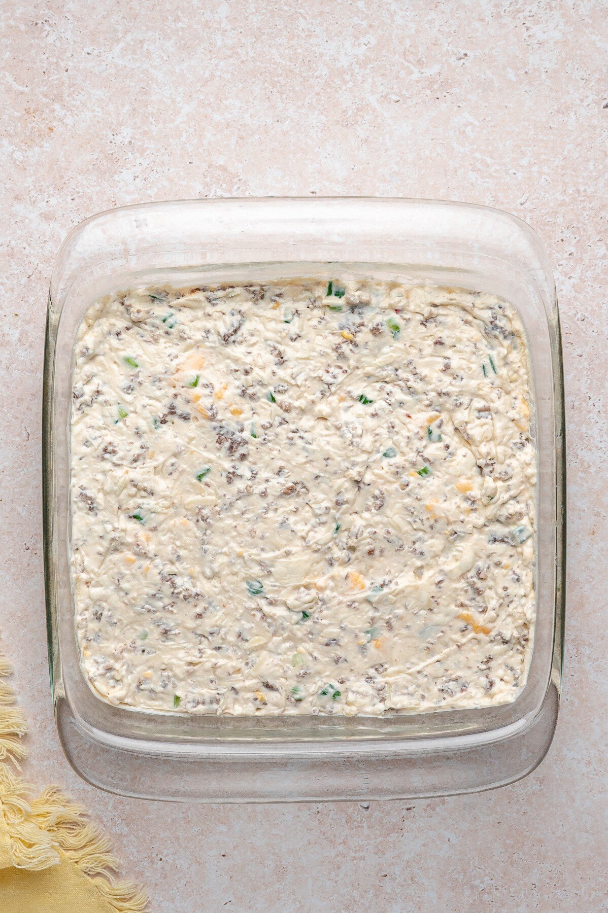 Dip in dish ready for oven. 