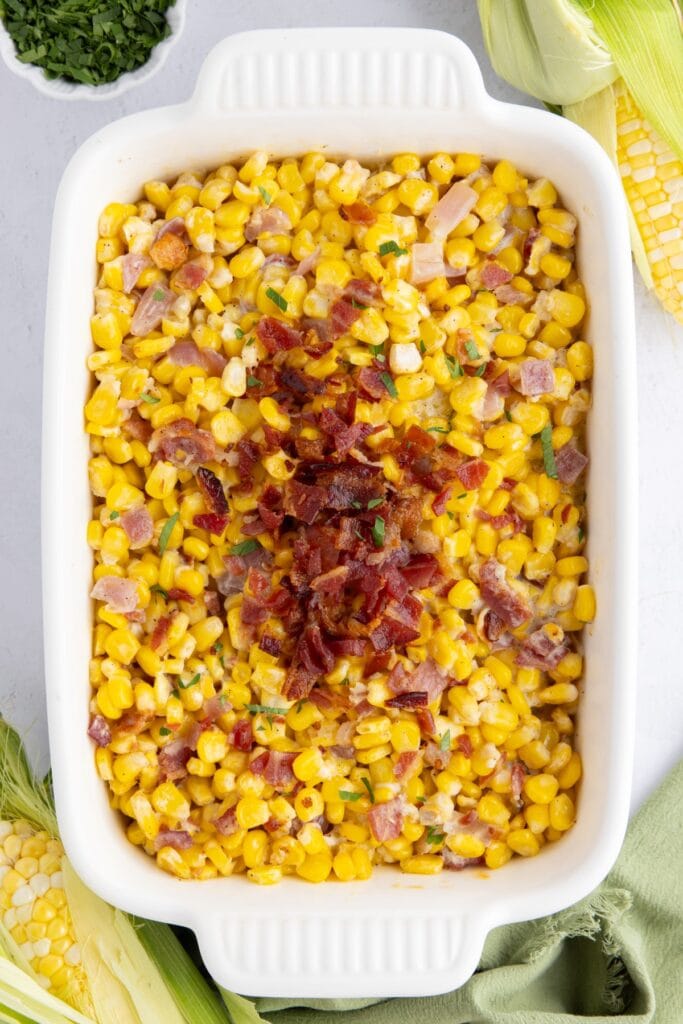 Overhead of bacon corn casserole.