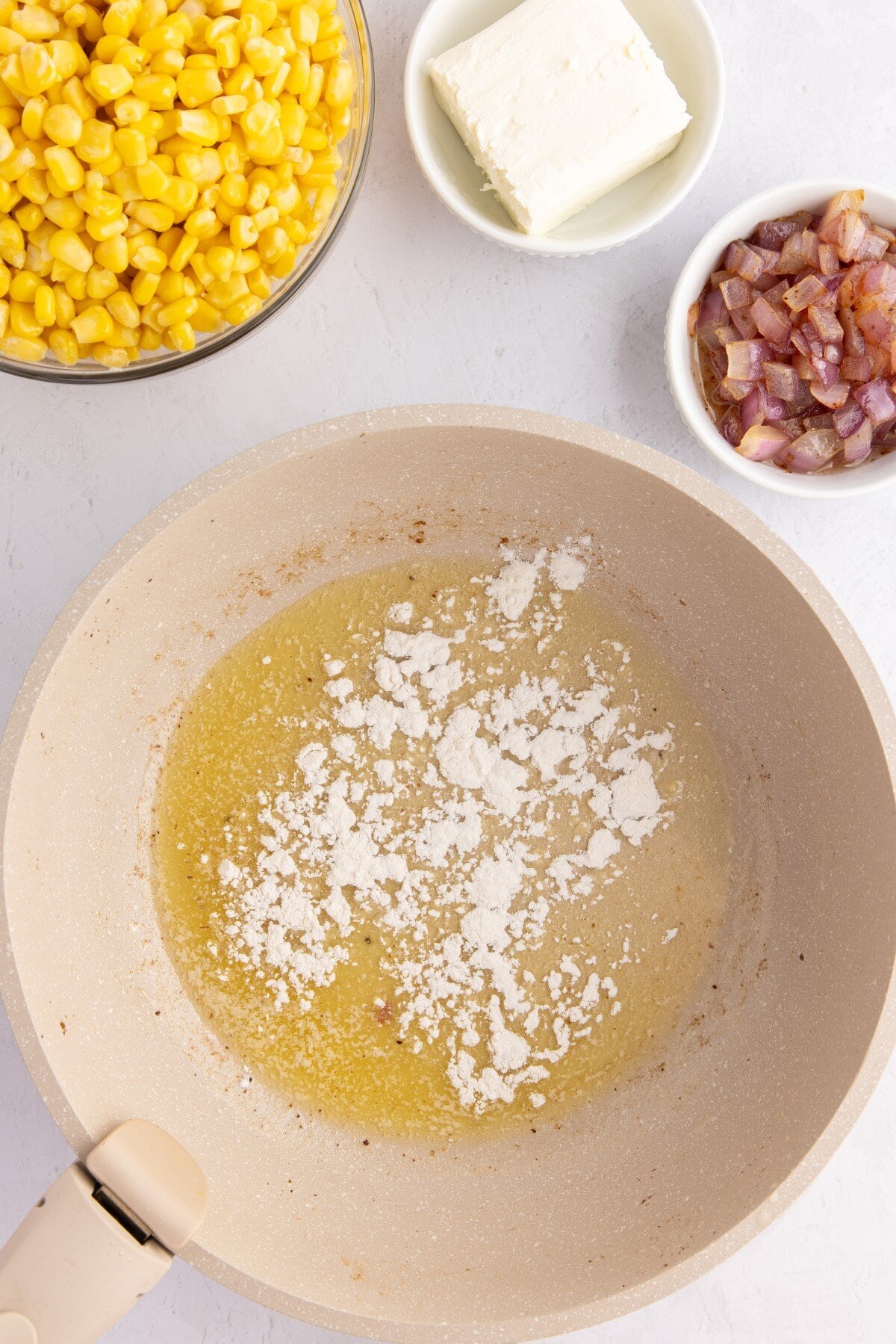 Butter and flour in pan.