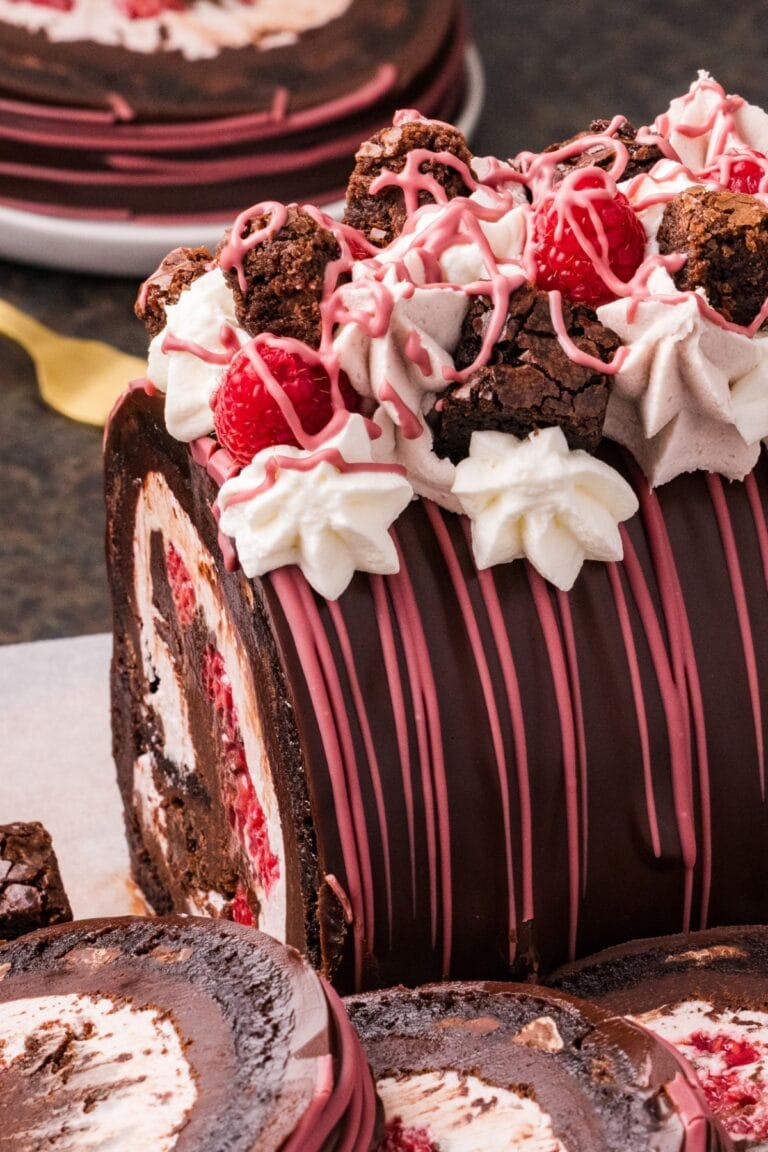 Raspberry Chocolate Swiss Roll and slices.