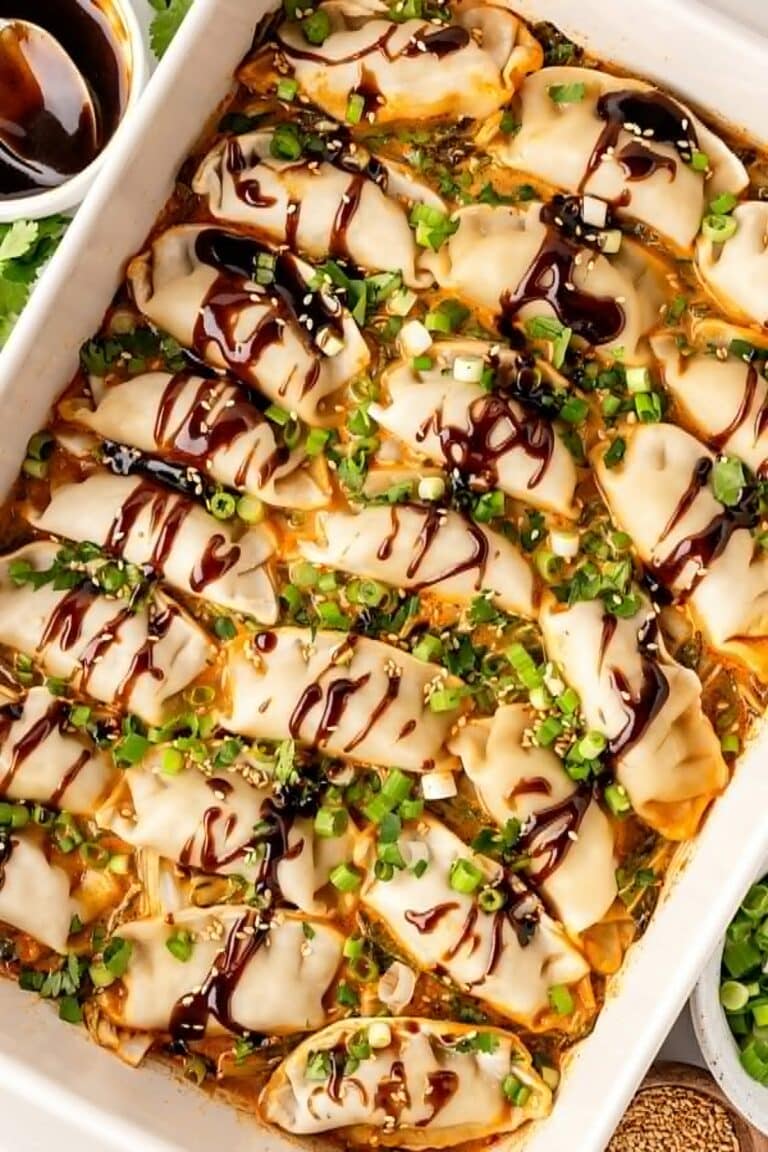 Baked, garnished and ready to serve One Pan Dumpling Dinner.