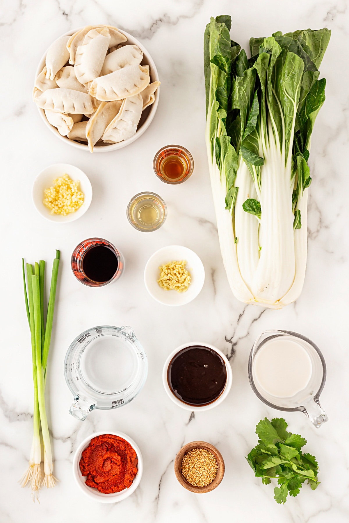 Ingredients for one pan dumpling dinner.