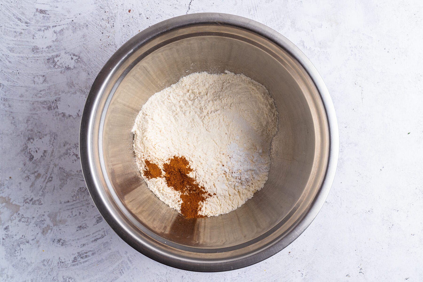 Flour, baking soda, cinnamon, and salt.