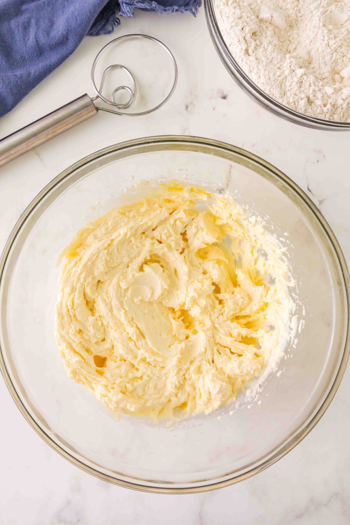 Eggs mixed into the butter mixture.