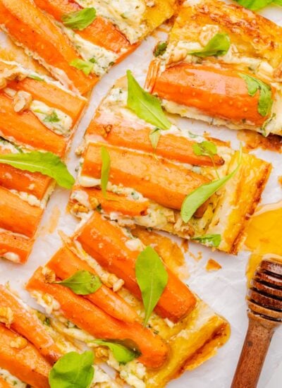 Carrot tart cut into squares.