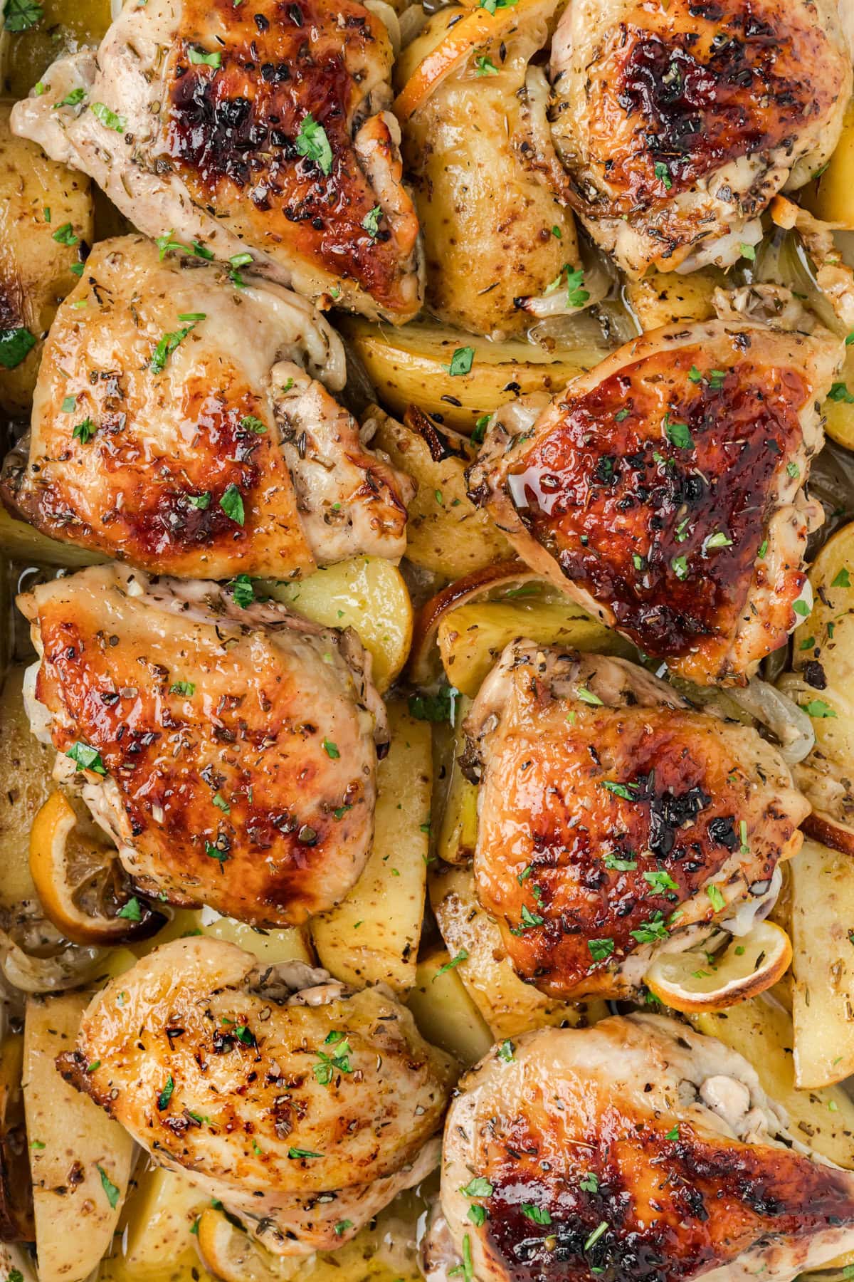 Overhead Greek Lemon Chicken with Potatoes.