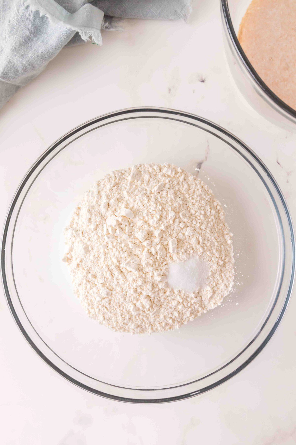 Flour and salt in a bowl. 