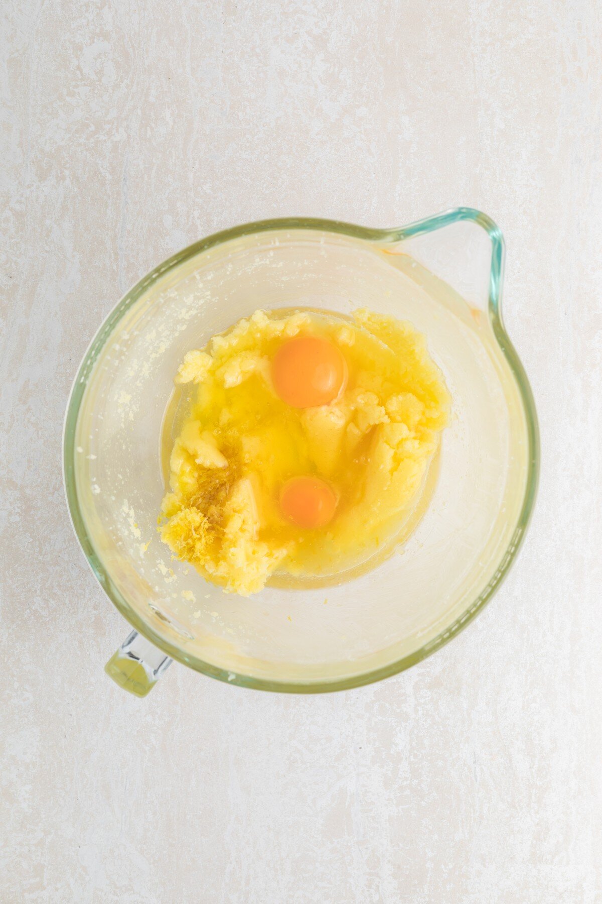 Eggs, oil and lemon juice added.