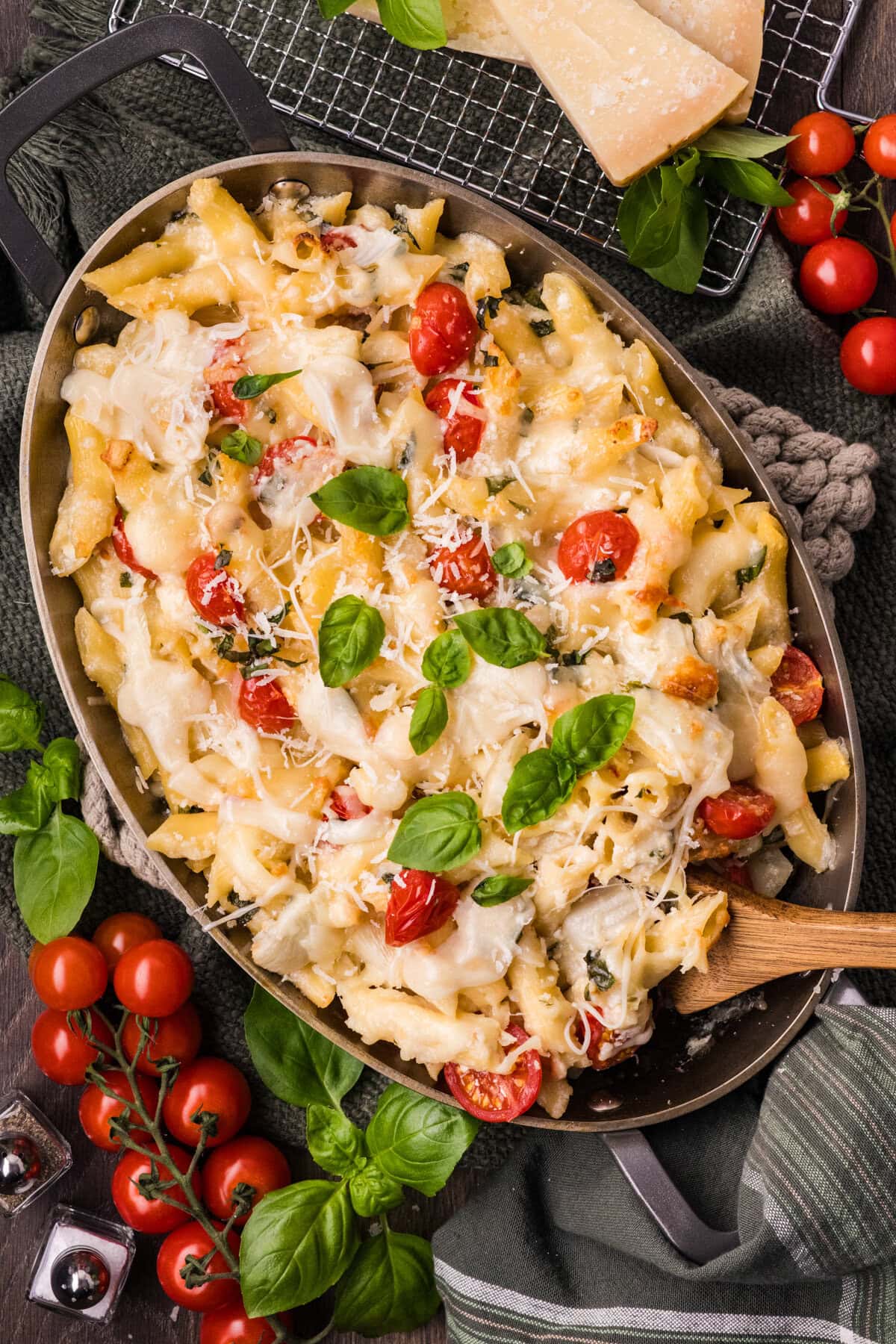 Three Cheese Baked Penne from overhead. 