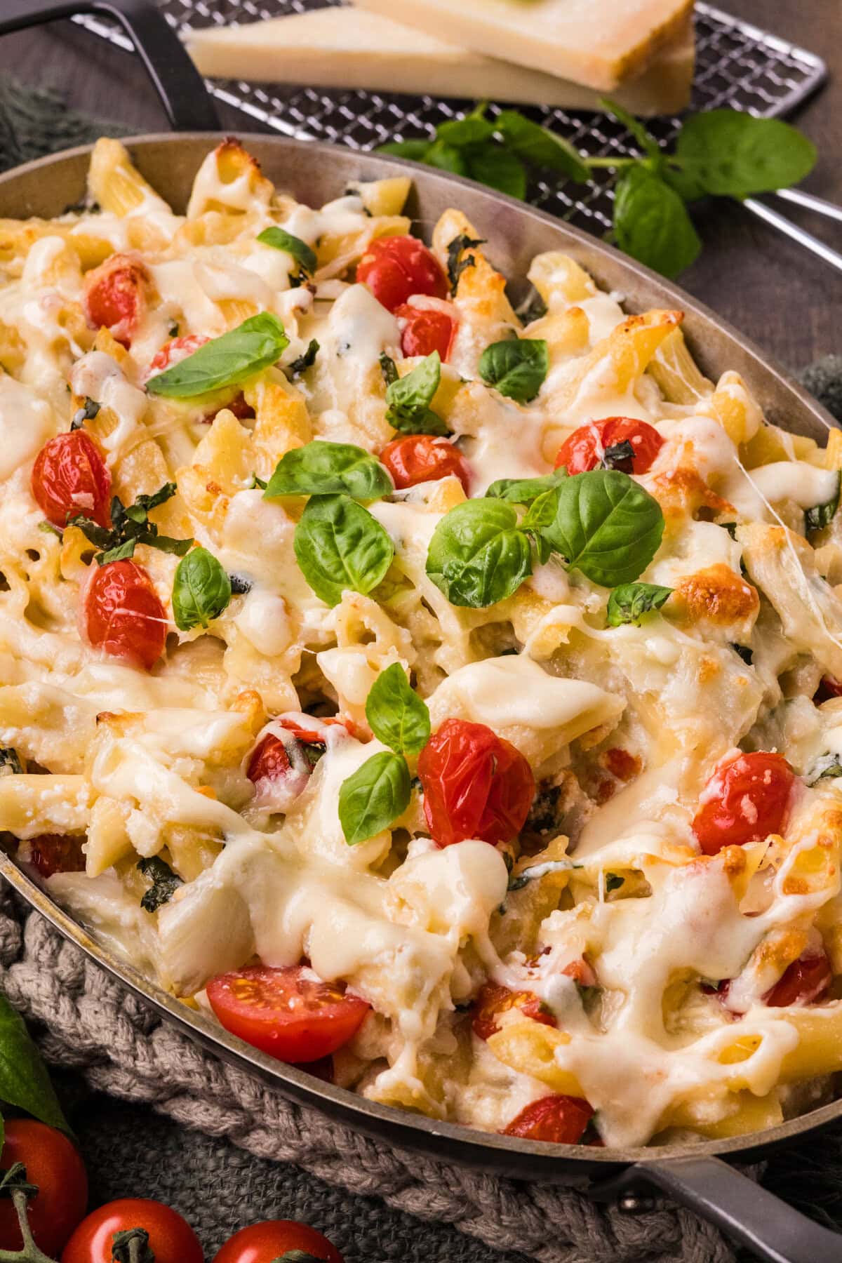 Slight overhead of Three Cheese Baked Penne.