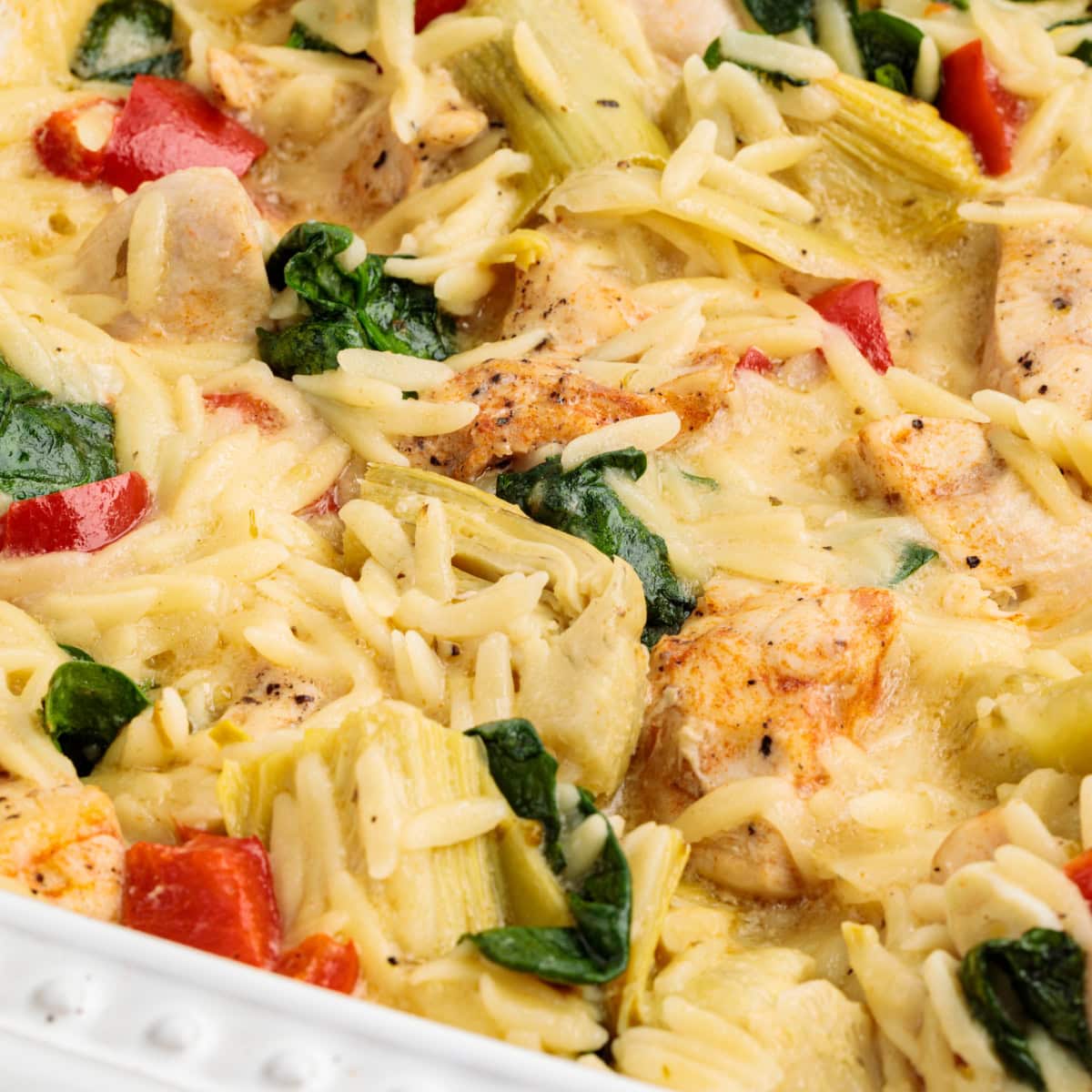Close-up of Baked Chicken Orzo. 
