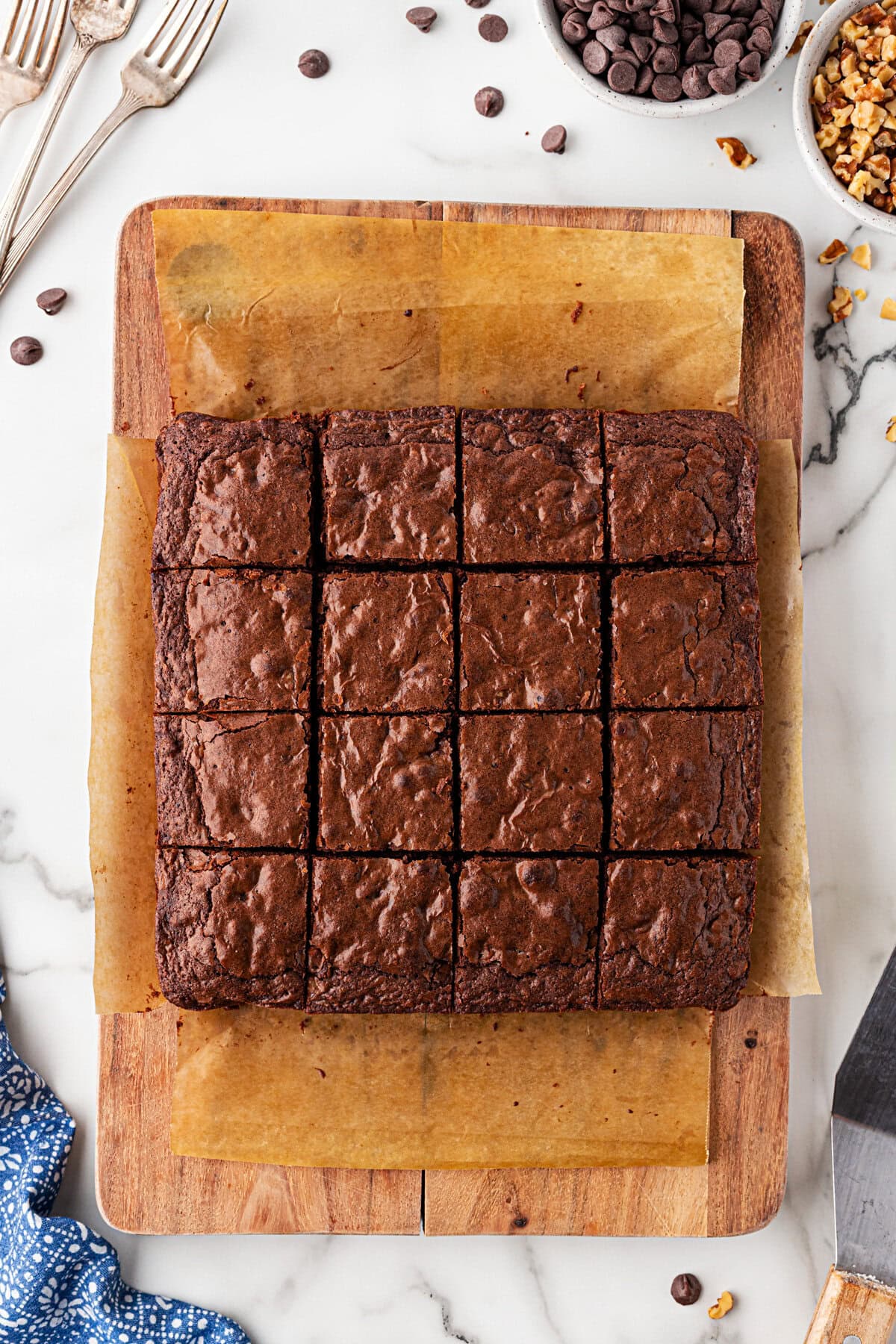 Cooled brownies cut into squares.