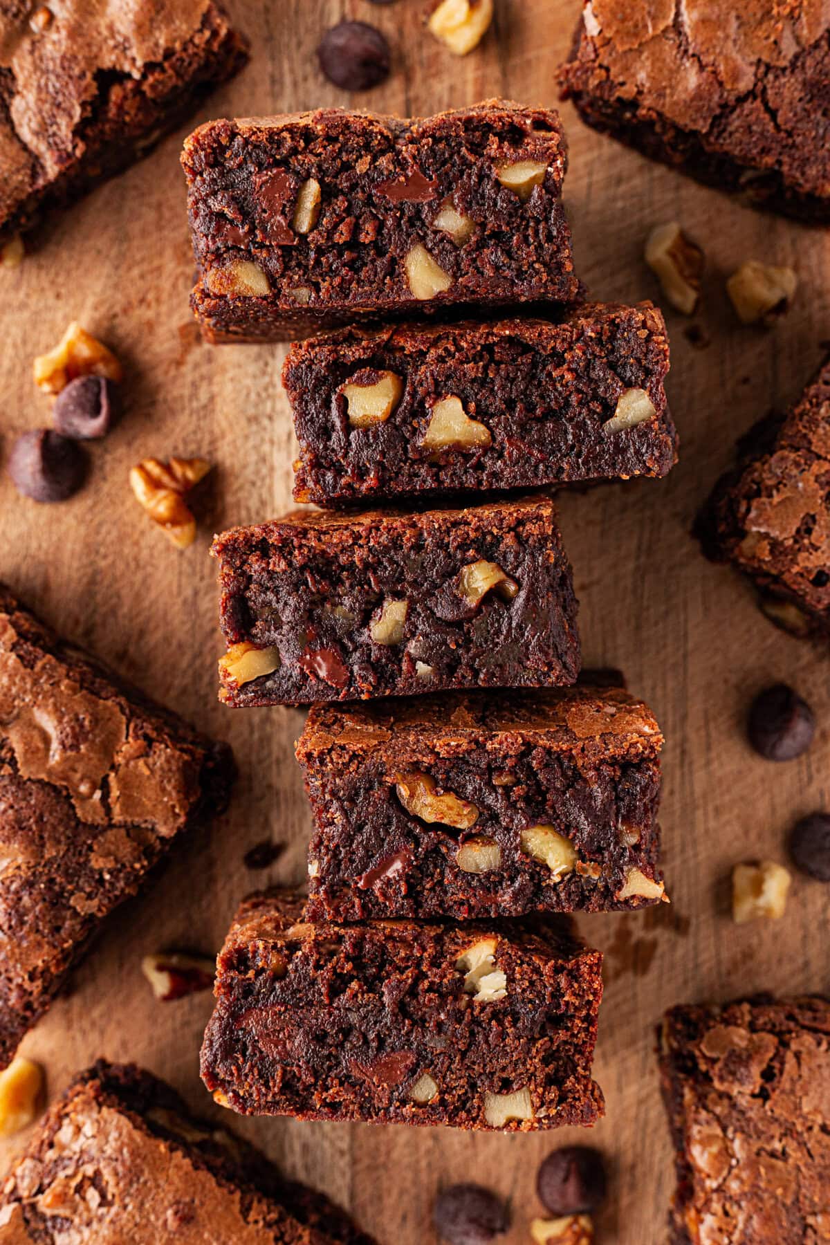 Overhead view of Best Chocolate Fudge Brownies on their sides.