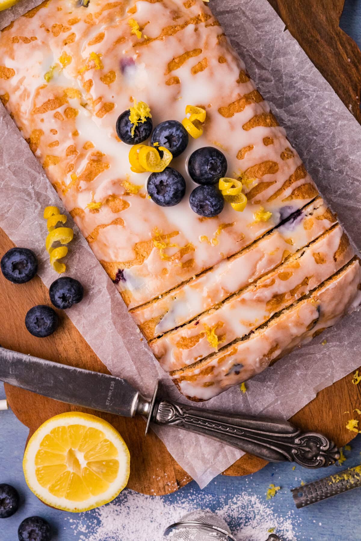 Blueberry Lemon Loaf from overhead. 