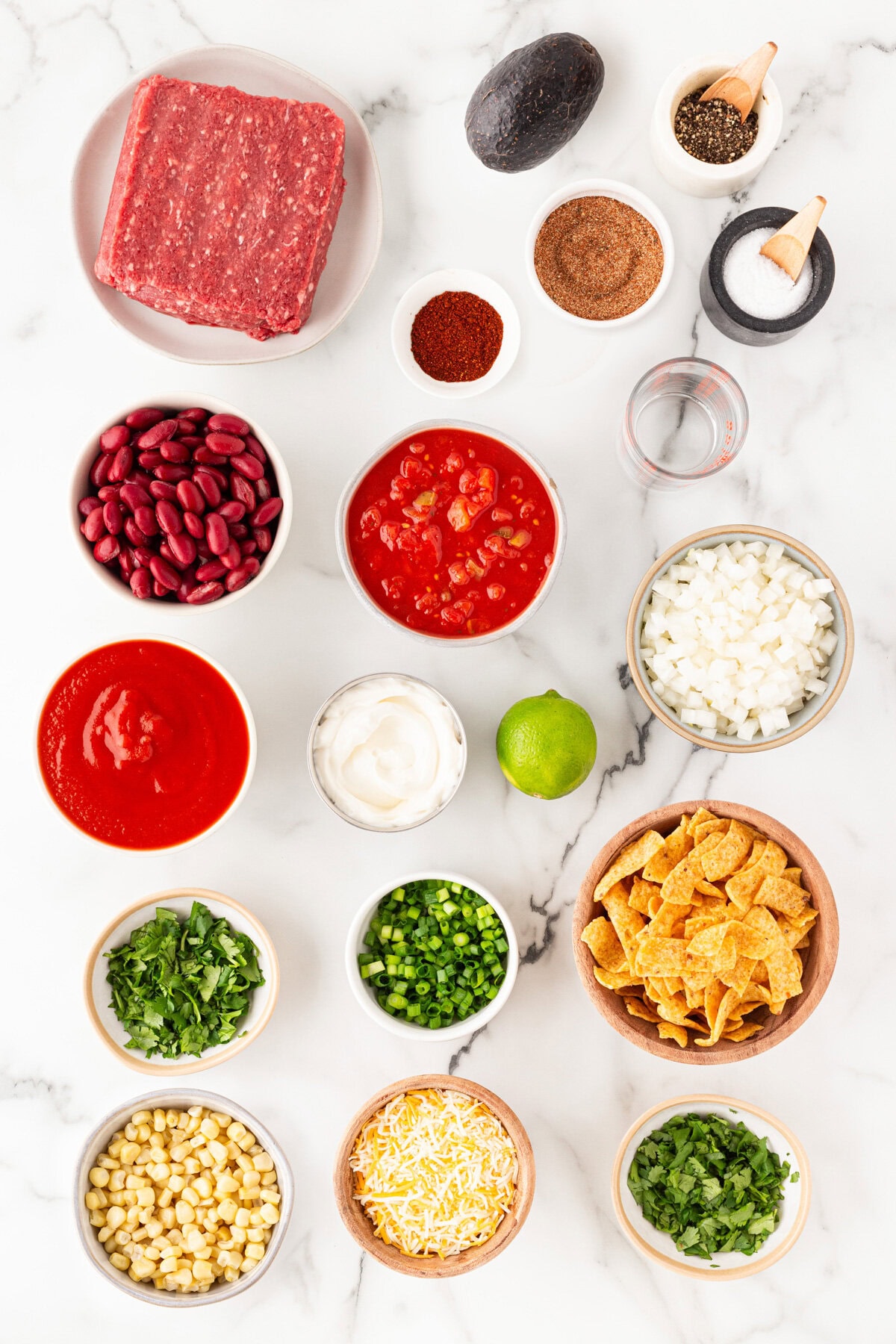 Ingredients for Frito pie.