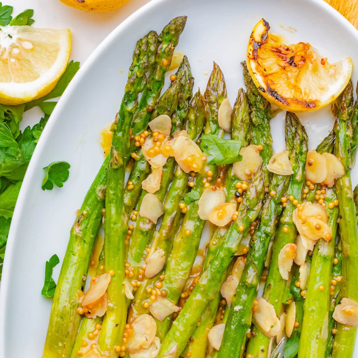 Close-up overhead of Roasted Asparagus. 