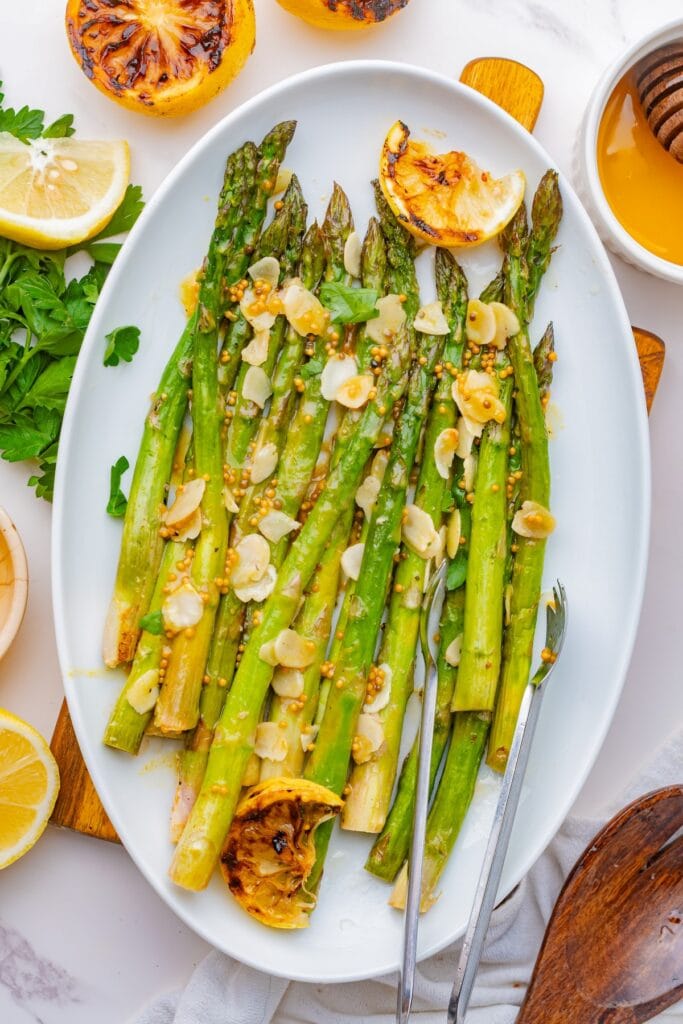 Roasted asparagus on a platter.