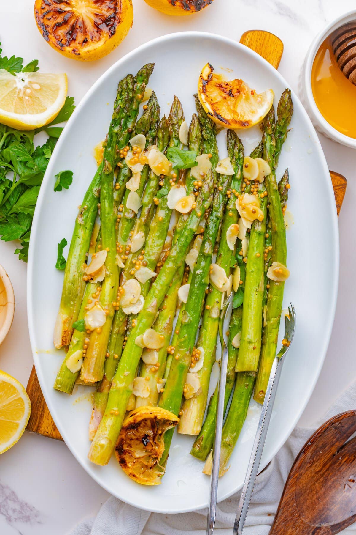 Roasted asparagus on a platter.