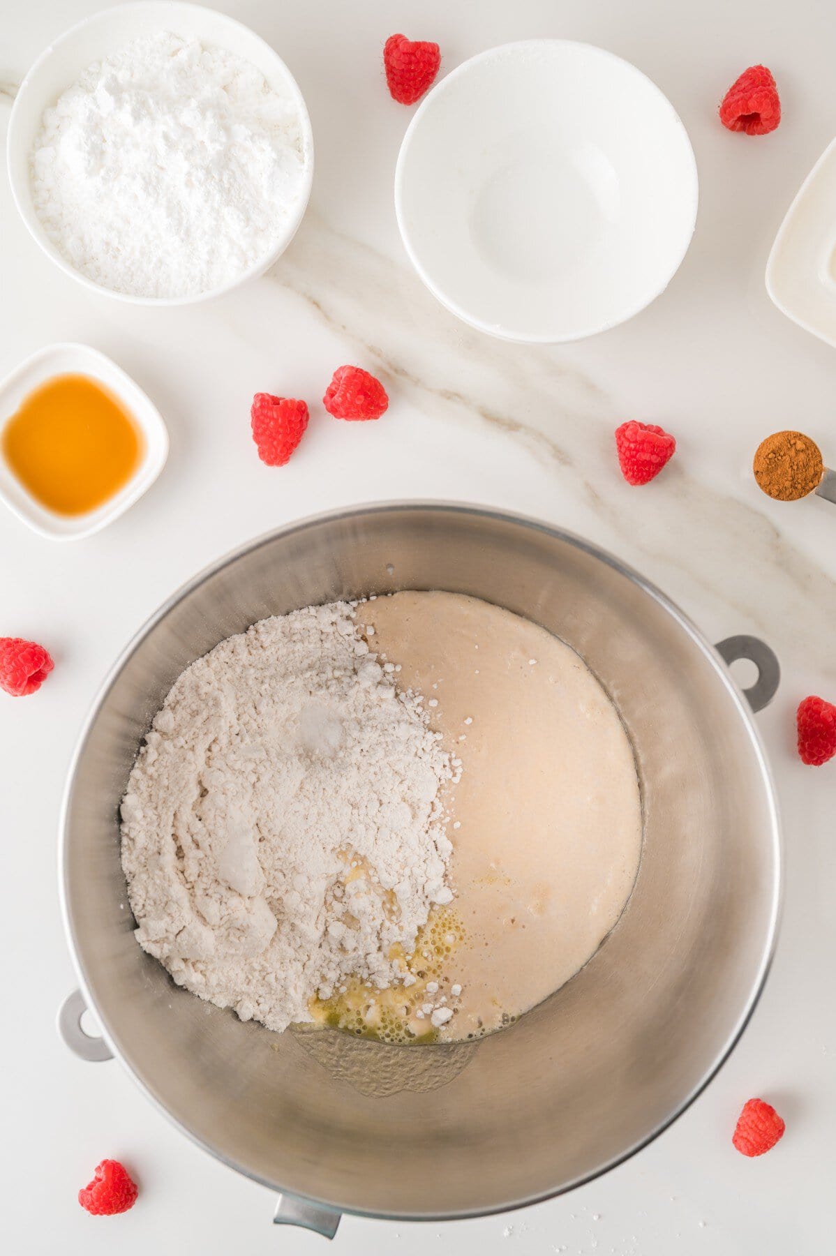 Yeast mixture, flour and butter. 