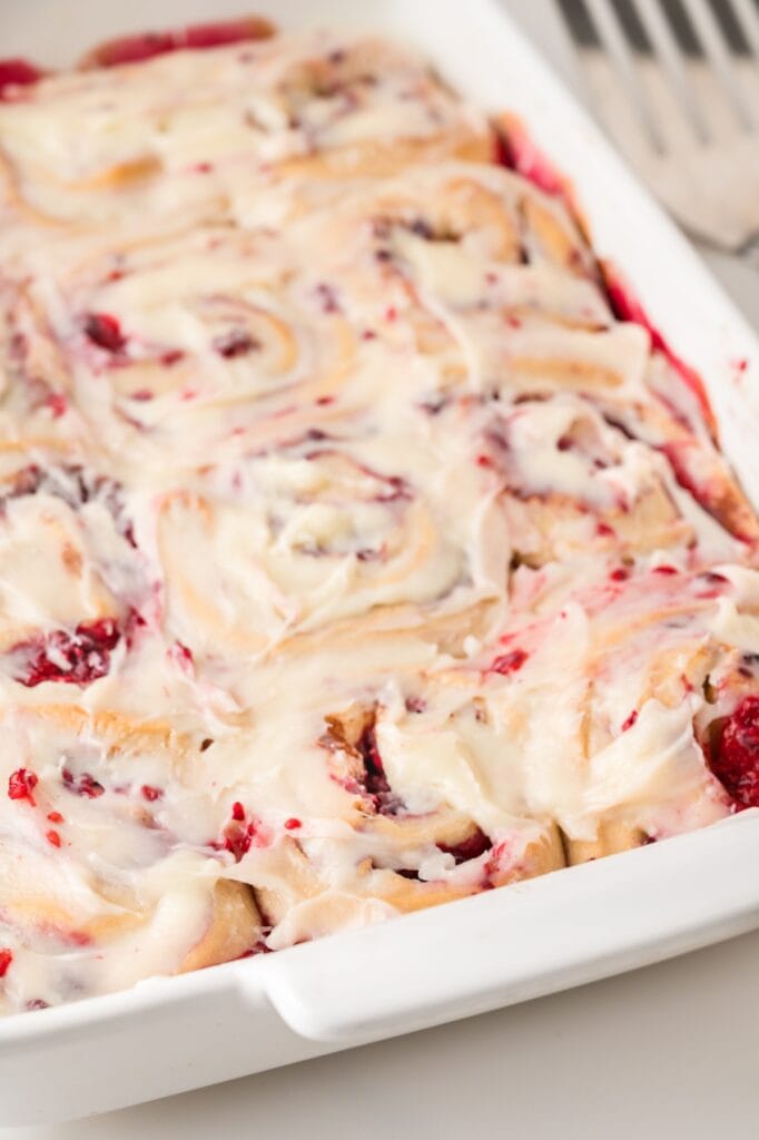 Pan of Raspberry Cinnamon Rolls.