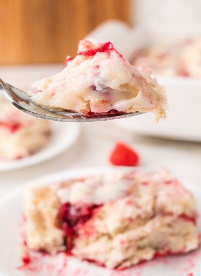 Raspberry Cinnamon Rolls on a fork.
