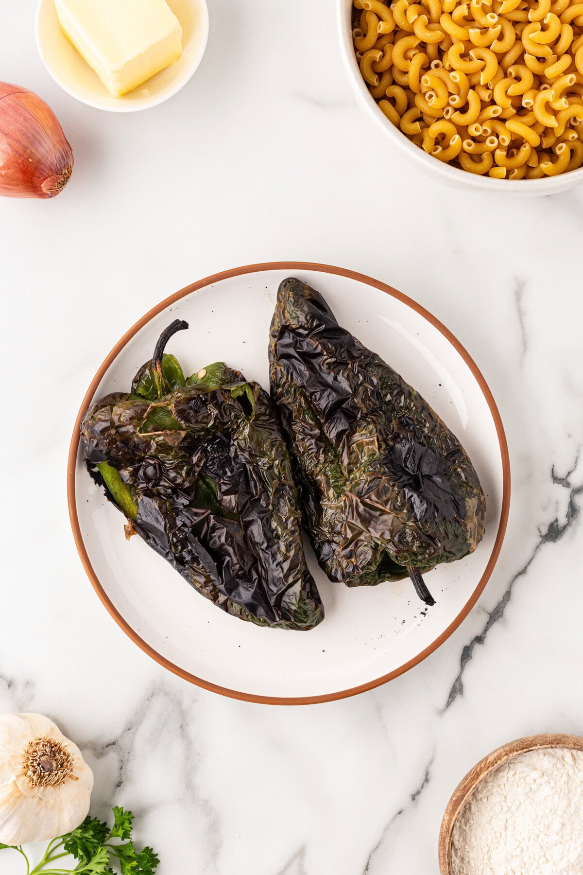 Charred poblanio peppers.