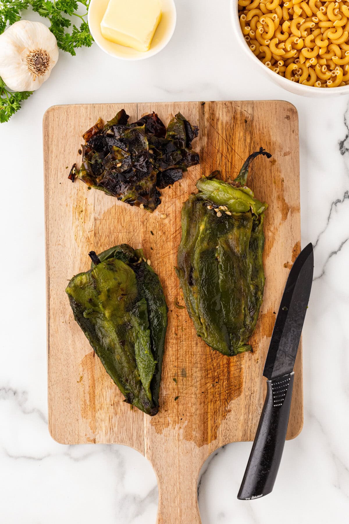 Charred peppers with the skins removed.
