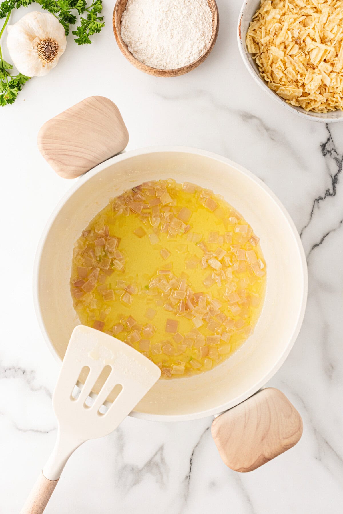 Cooking shallots in butter. 