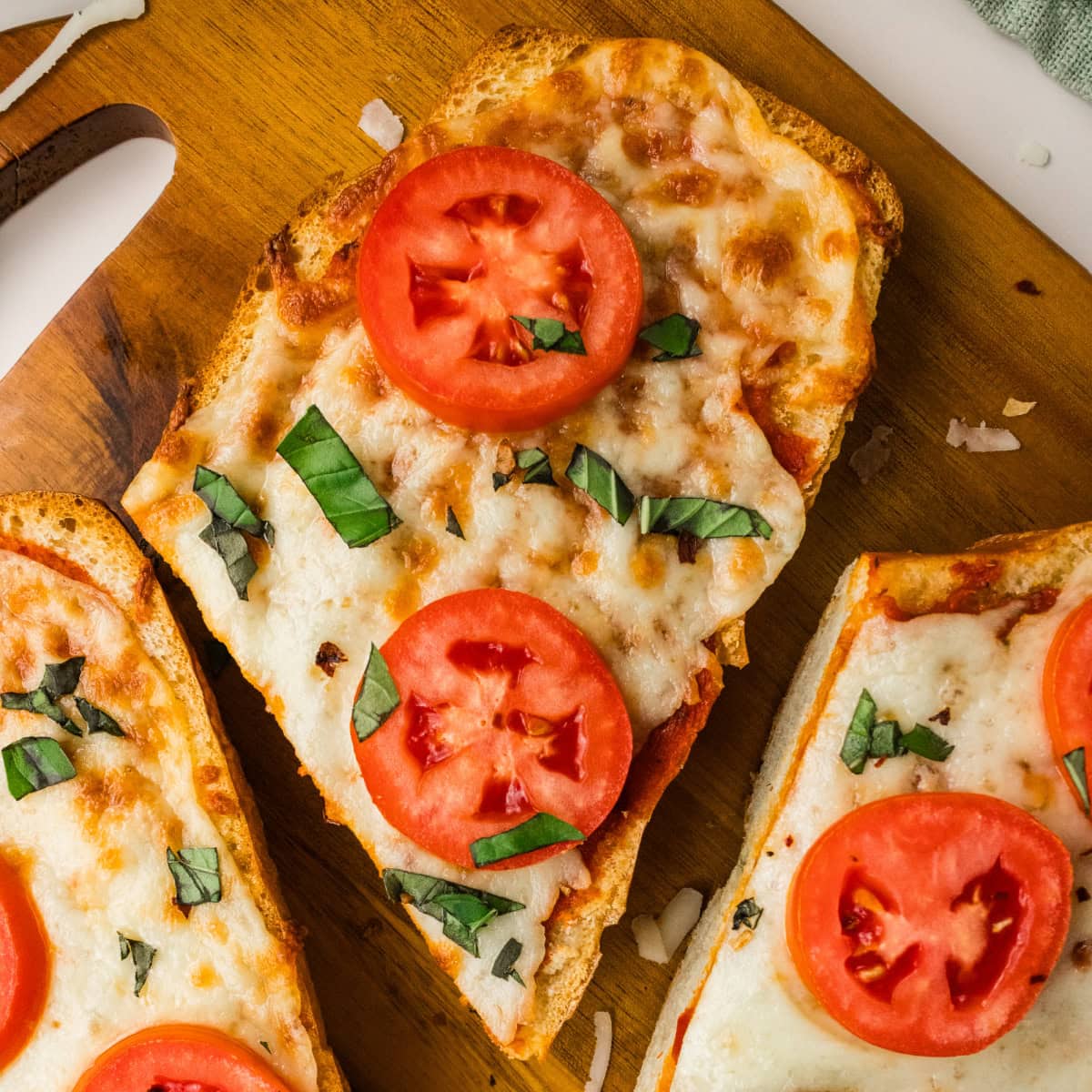 Overhead close-up of French Bread Pizza. 