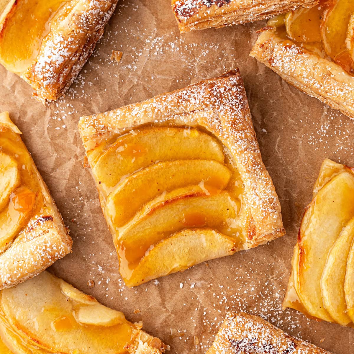 Overhead square of Puff Pastry Apple Tart. 
