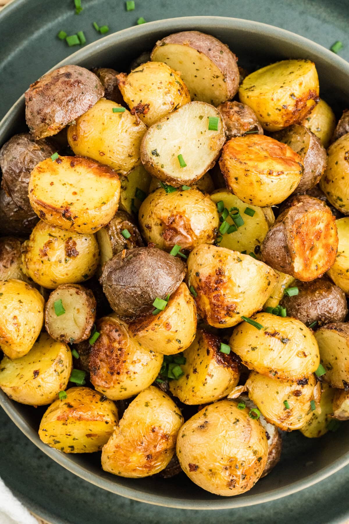 Close-up overhead of roasted potatoes.