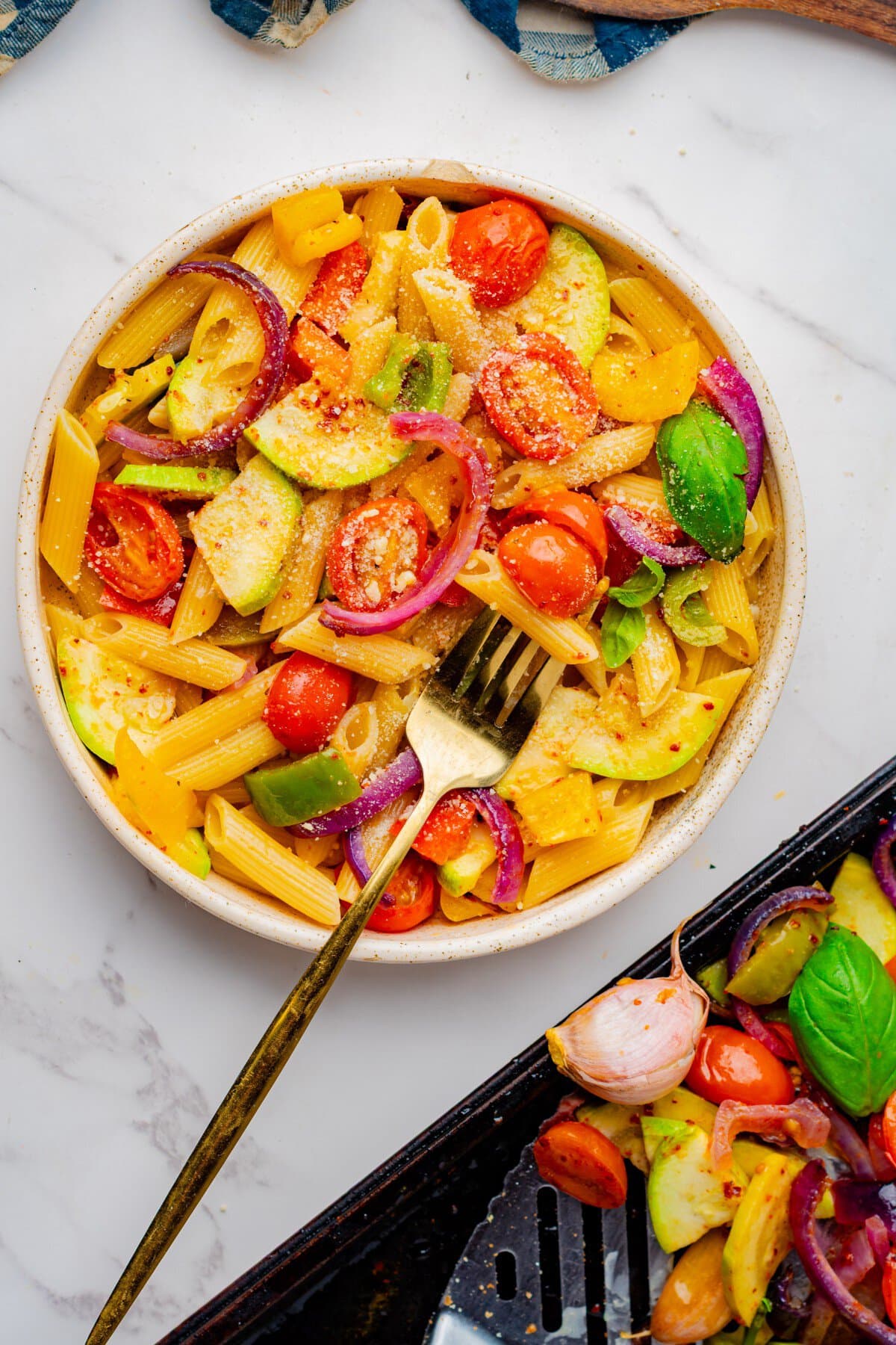 Roasted veggies over pasta. 