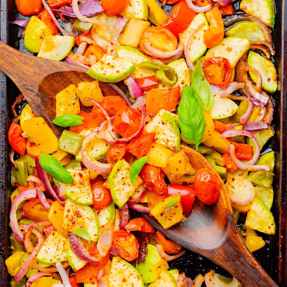 Overhead of Summer Sheet Pan Veggies. 
