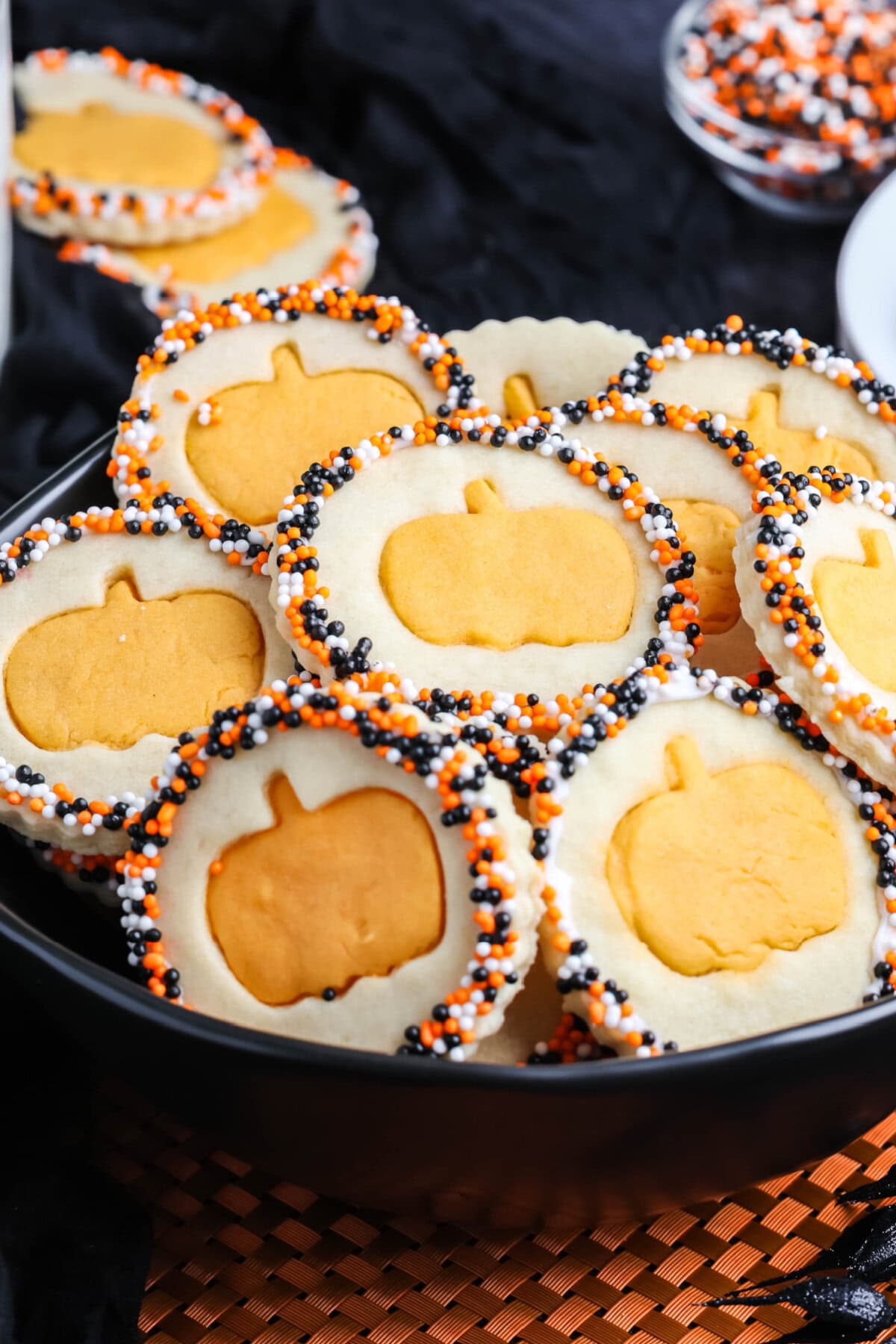 Halloween Sugar Cookies in a black bowl. 